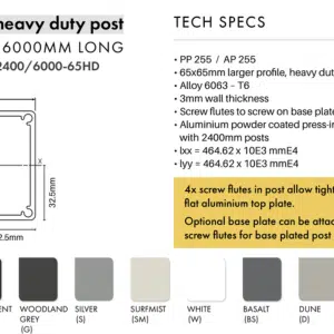 Post - 65x65mm x 6000mm SFS Heavy Duty Aluminium Fencing Post - M - Image 2